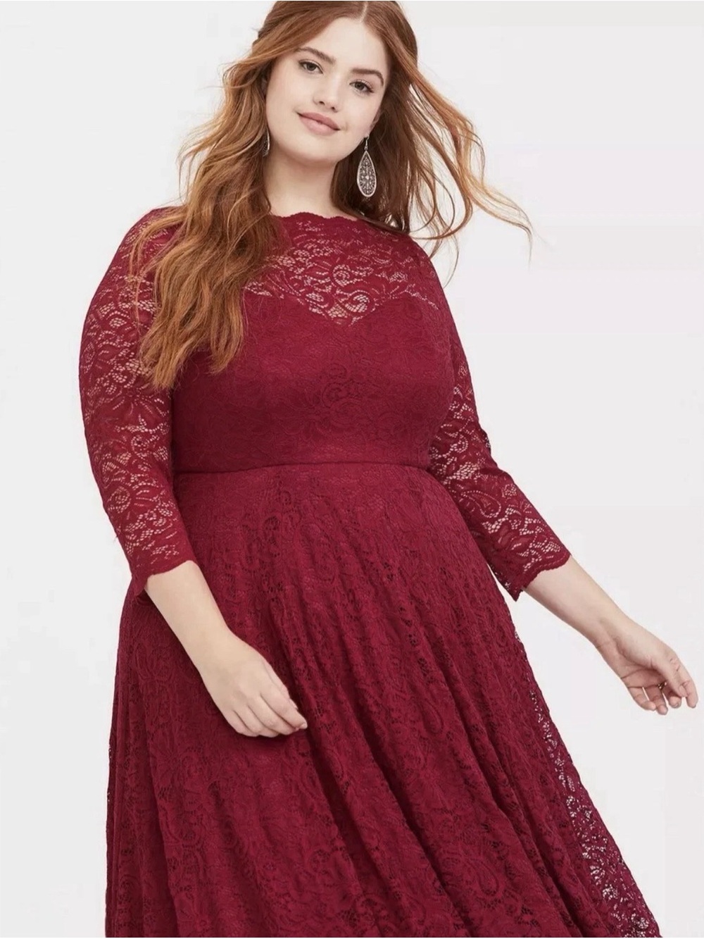 Torrid Red Formal Lace Midi Illusion Dress Lace Sleeves w/ Tulle Size 30